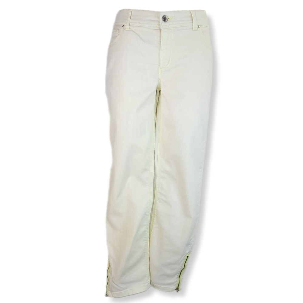 Chico's So Slimming Womens 0=8/M Skinny Jeans Yellow Zipper Ankle Stretch Denim